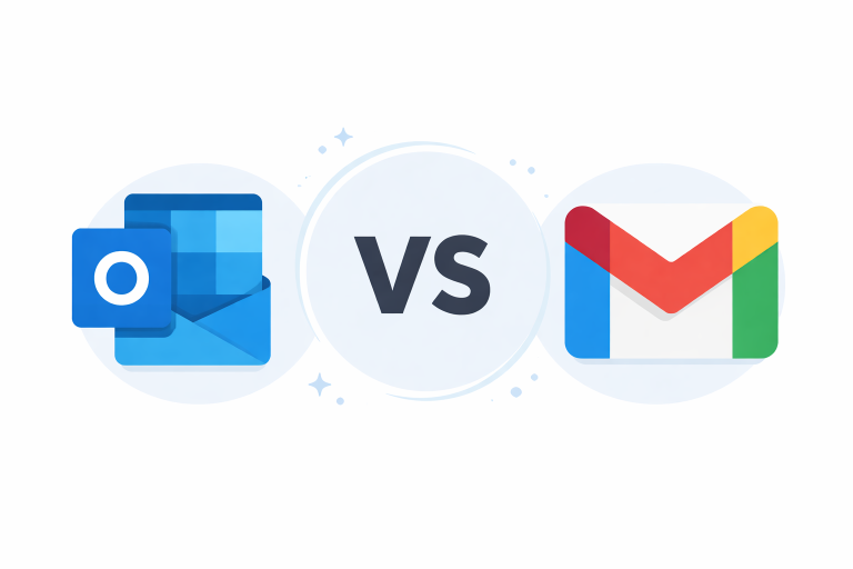 Outlook vs Gmail comparison graphic showing the Outlook email logo on the left and the Gmail logo on the right.