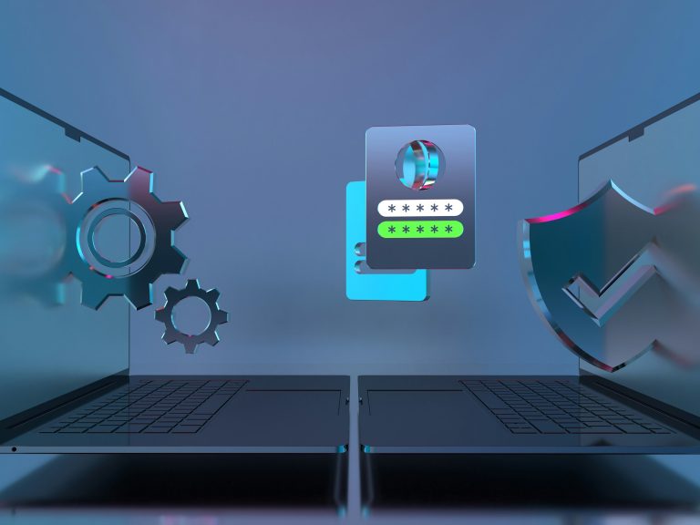 A 3D digital illustration showing two laptops facing each other with floating icons of gears, a password login form, and a security shield, symbolizing cybersecurity trends and secure system access.