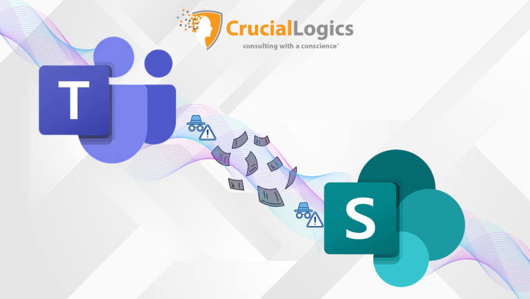 Graphic showing the Microsoft Teams logo on the left and the Microsoft SharePoint logo on the right, connected by a wave-like path with floating document icons and warning symbols, suggesting data transfer or integration. The top features the CrucialLogics logo with the tagline "consulting with a conscience."