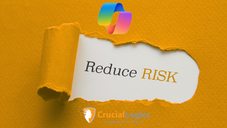Torn orange paper revealing the words "Reduce RISK" beneath, with the CrucialLogics logo and slogan "consulting with a conscience" displayed below. A colorful ribbon-like icon appears at the top.