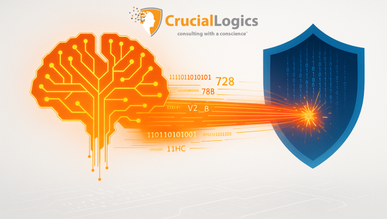 An illustration representing AI in cybersecurity. On the left, an orange digital brain made of circuit lines emits streams of data and binary code toward a blue shield on the right, symbolizing protection. The data sparks upon contact with the shield, conveying defense against cyber threats.