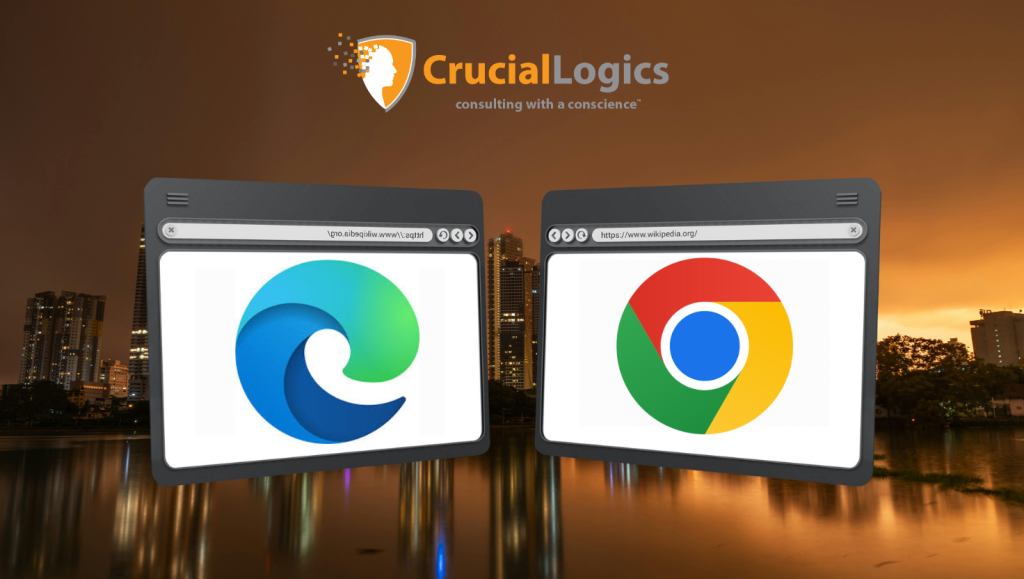Two browser windows displayed side by side against a city skyline at dusk, one showing the Microsoft Edge logo and the other showing the Google Chrome logo, symbolizing a comparison between the two web browsers.
