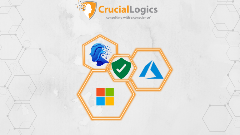 CrucialLogics branding graphic showing the company logo and tagline “consulting with a conscience” above interconnected orange hexagons containing icons for artificial intelligence, security/compliance, Microsoft, and Microsoft Azure.