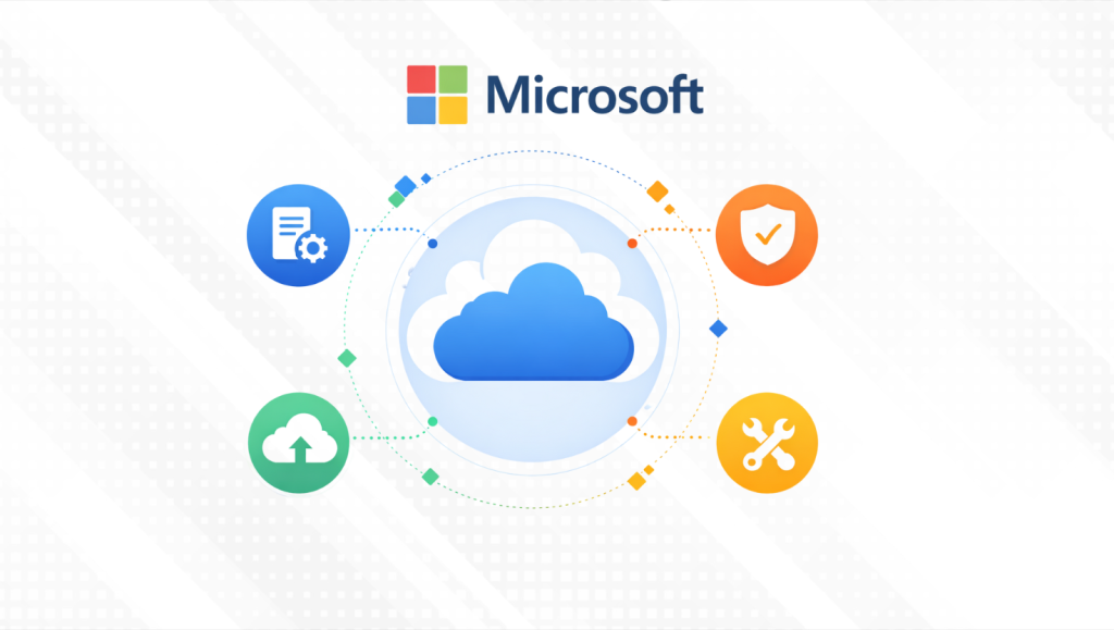 Featured blog image showing the Microsoft logo above a central cloud icon, surrounded by icons for security, management, updates, and tools, representing Microsoft managed cloud services.
