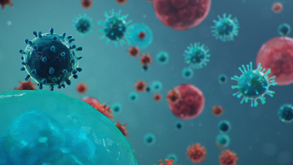 Abstract 3D illustration of microscopic virus-like particles and cells floating in a blue environment, symbolizing biotechnology, microbiology, or disease research.