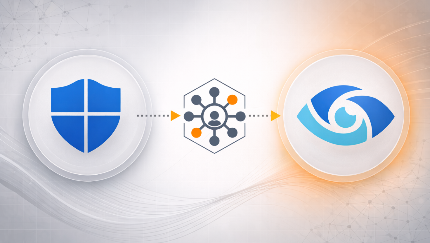 Diagram showing Microsoft Defender (blue shield icon) connected via a data flow arrow through a central identity/network hub to Microsoft Purview (blue eye icon), illustrating the integration between the two Microsoft security and compliance platforms.