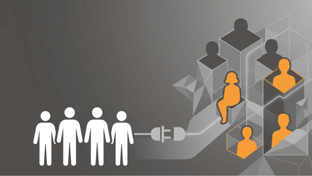 Featured image for the blog “Co-Managed IT: How MSPs Work Alongside Your Internal Team (Not Instead Of)” showing a group of internal team icons connected by a plug to highlighted MSP figures in structured cubes, symbolizing collaboration and support.