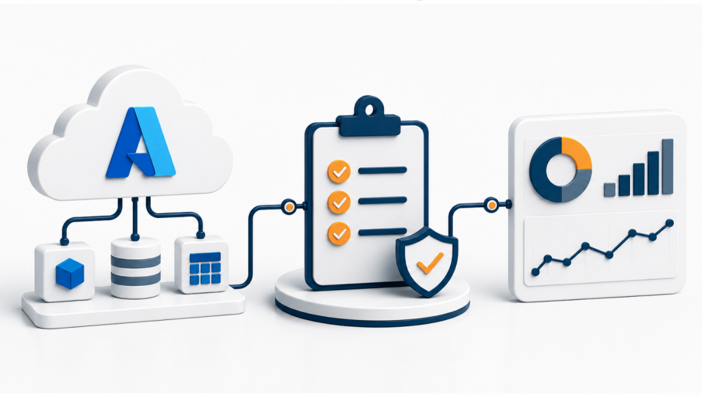 Azure cost management illustration showing cloud services, a checklist with security shield, and analytics charts connected in a workflow.