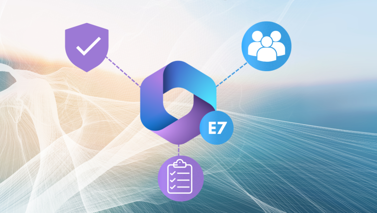 Abstract Microsoft 365 E7 readiness graphic with central hexagon logo connected to security shield, user group, and checklist icons, representing governance and operating model requirements.