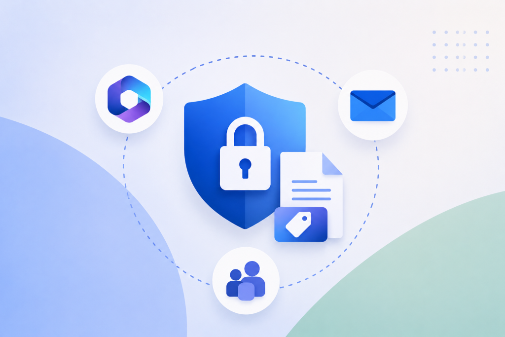 Illustration of Microsoft Purview Information Protection showing a blue shield with a padlock, connected to icons for email, document labeling, and user access management, representing data security, classification, and compliance.