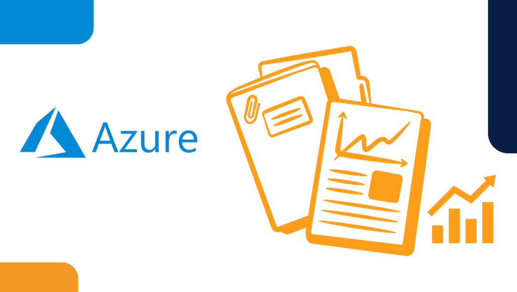Azure resource management illustration with the Azure logo, resource documents, analytics charts, and upward growth graphs.