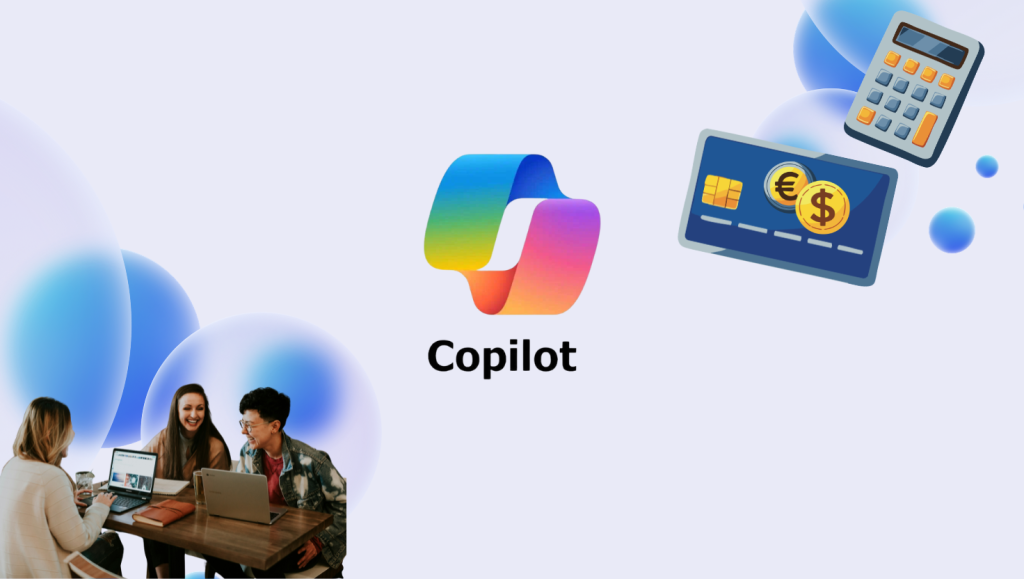 Featured image for an article about how enterprises measure the true ROI of Copilot, showing the Microsoft Copilot logo alongside a credit card and calculator illustration representing costs and value, with a team collaborating on laptops in the background.