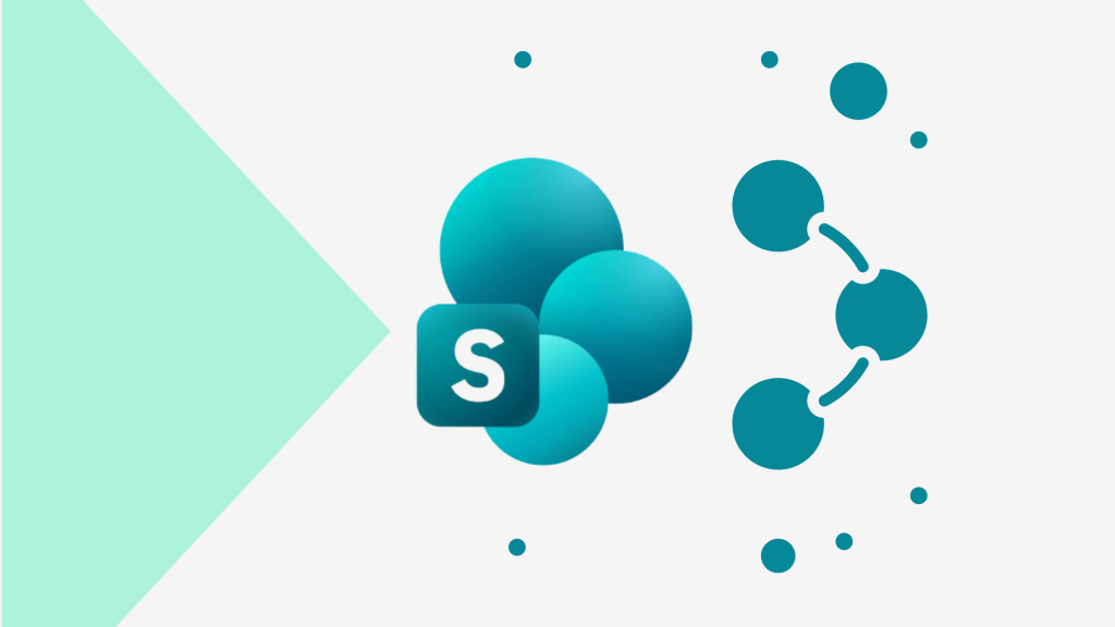 SharePoint Architecture graphic featuring the SharePoint logo alongside connected teal circles representing site structure and relationships.