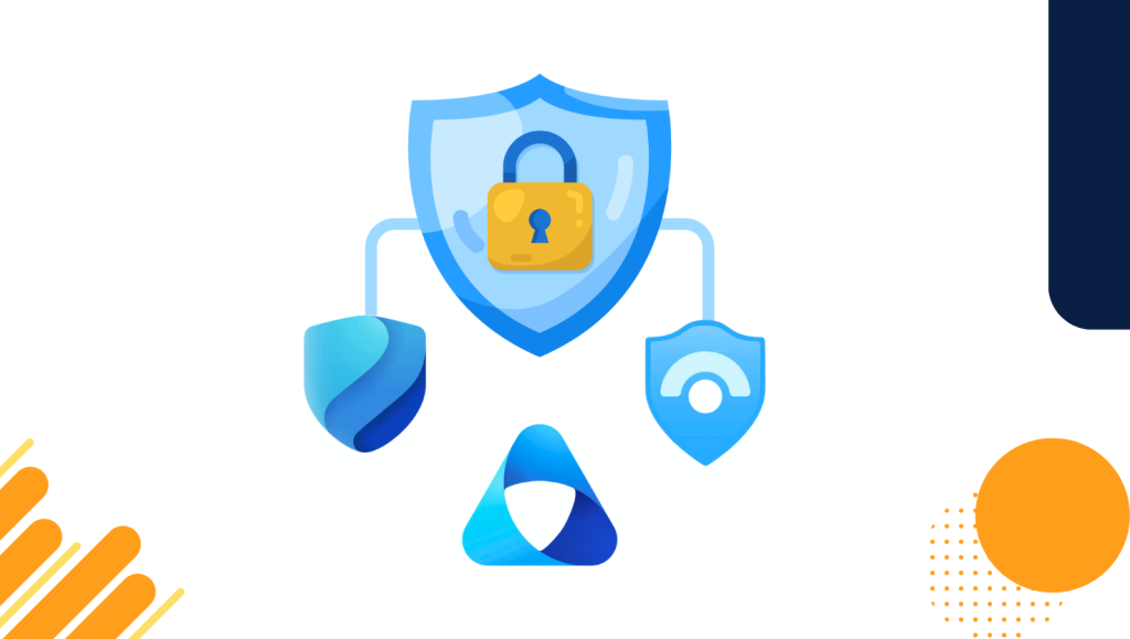 Security illustration showing a shield and padlock connecting Microsoft Defender, Sentinel, and Purview in a unified security architecture.