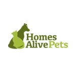 Logo for Homes Alive Pets, featuring green silhouettes of a cat and a dog sitting together on the left, with the company name in dark and light green text on the right — representing companionship, care, and a natural focus on pet well-being.